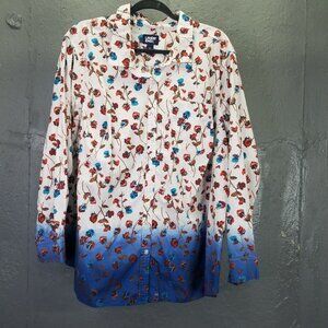 Lands End Button Up Shirt Women 2X 20-22 Cotton Roll Tab Sleeve Floral Ombre Blu